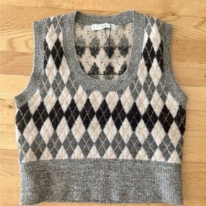 Mango Sleeveless Gray Argyle Sleeveless Knit Vest Sweater Jumper size M